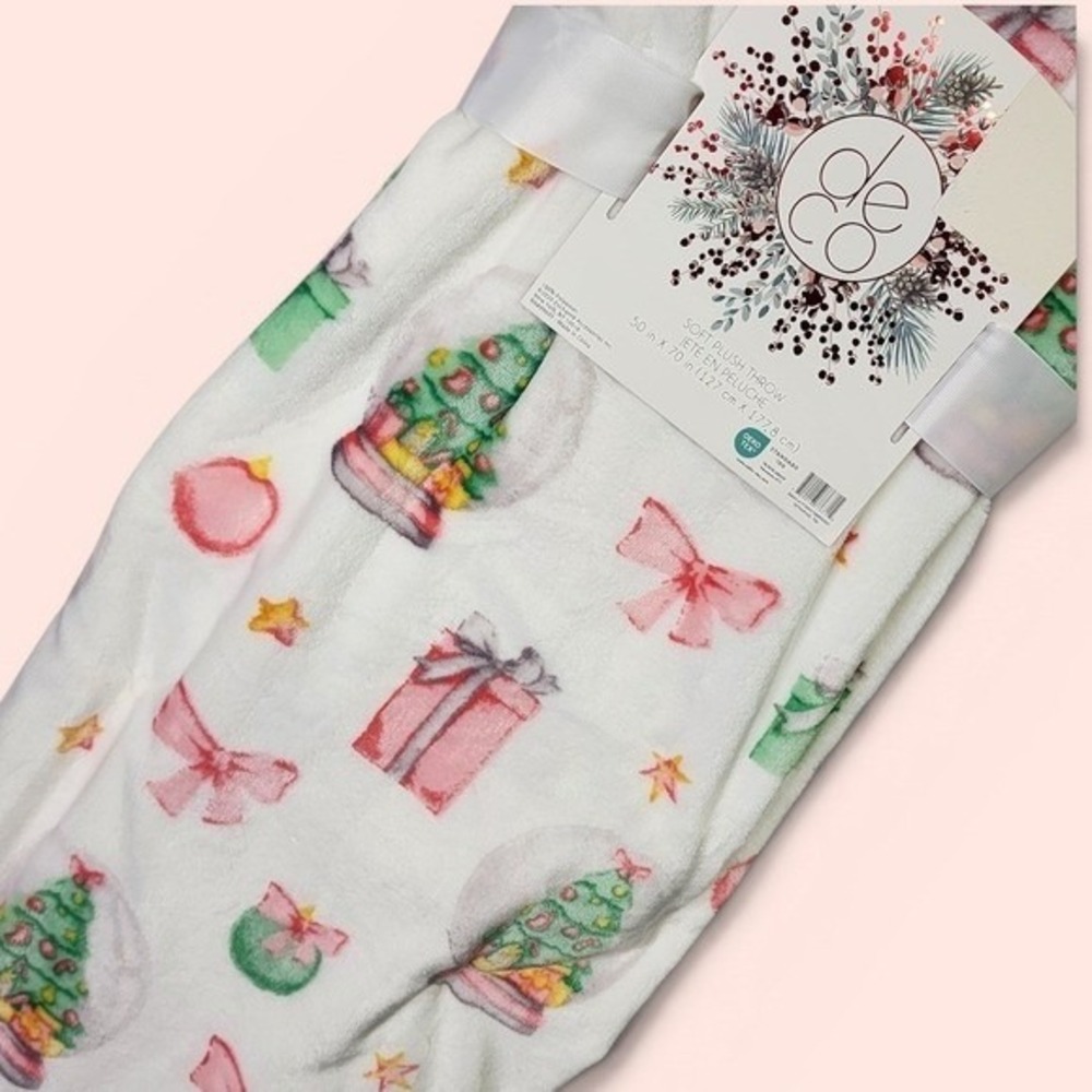 Deco‎ Soft Plush Throw Blanket Unisex 50x70 White Pink Christmas Snow Globe Bows